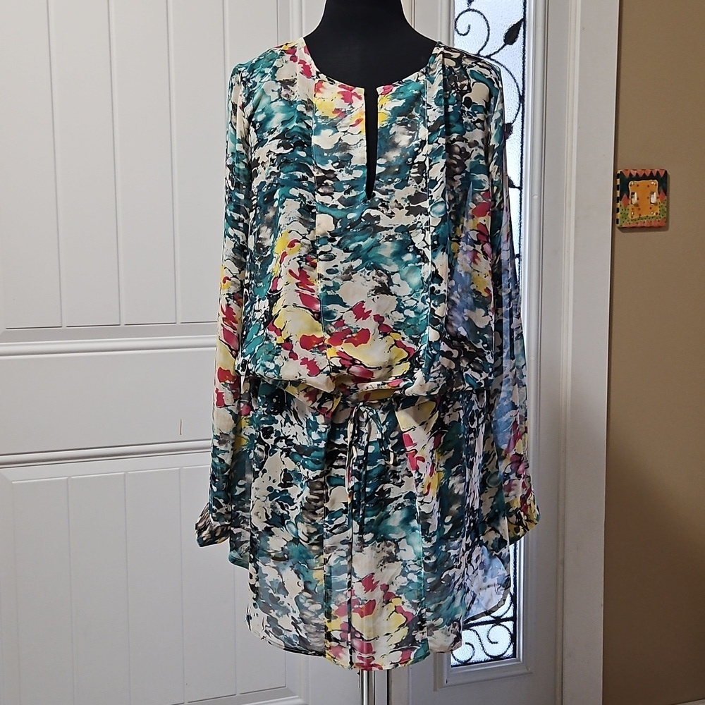 Rubby Ducky Productions Sheer Abstract Print Tunic Coverup Mini Dress M